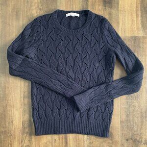 LOFT Navy Pointelle Knit Sweater Women’s Small | Textured Open-Knit Pullover | F